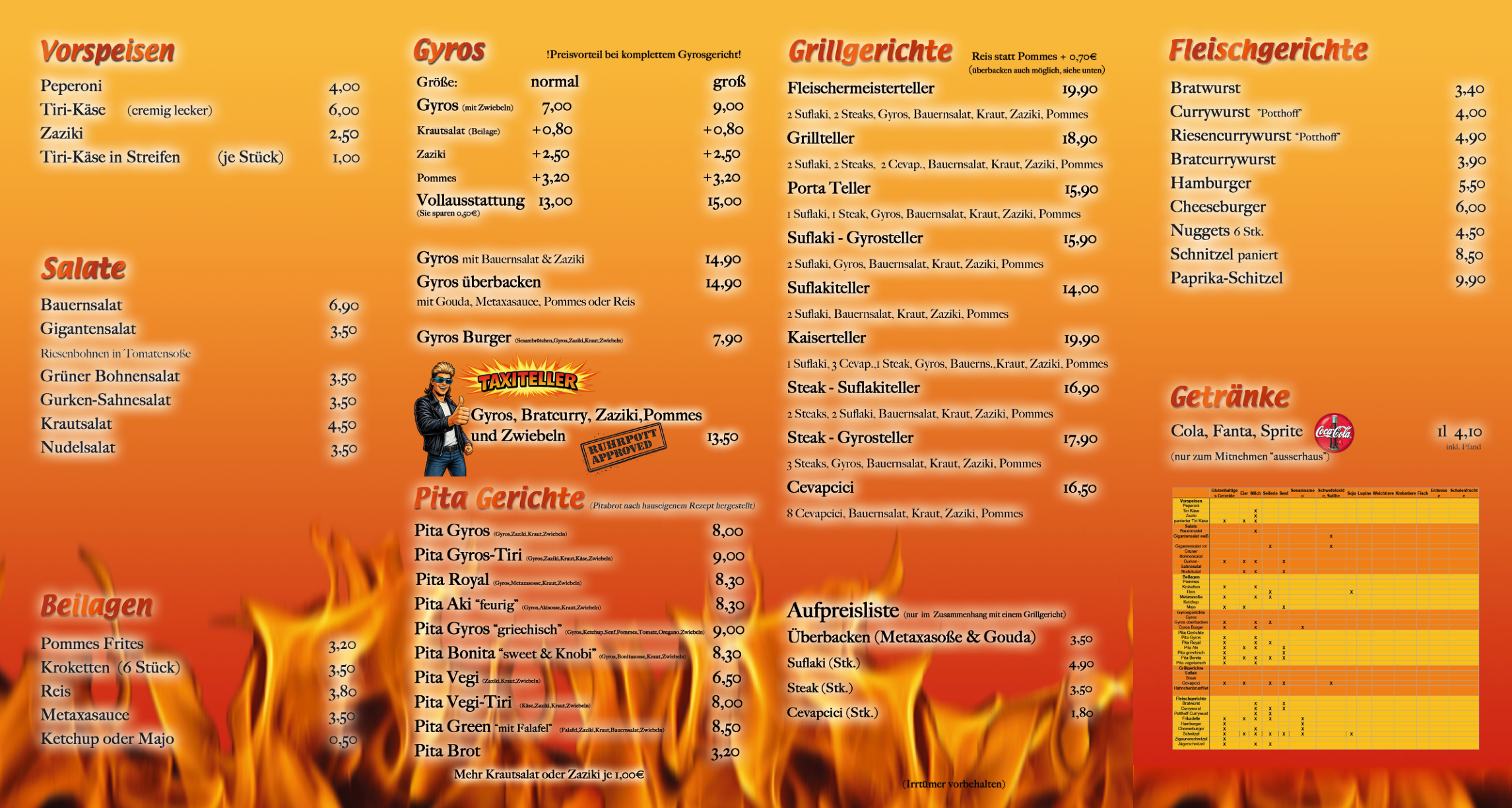 Speisekarte mit Vorspeisen, Salaten, Beilagen, Gyros, Pita, Grillgerichten, Fleischgerichten und Getränken