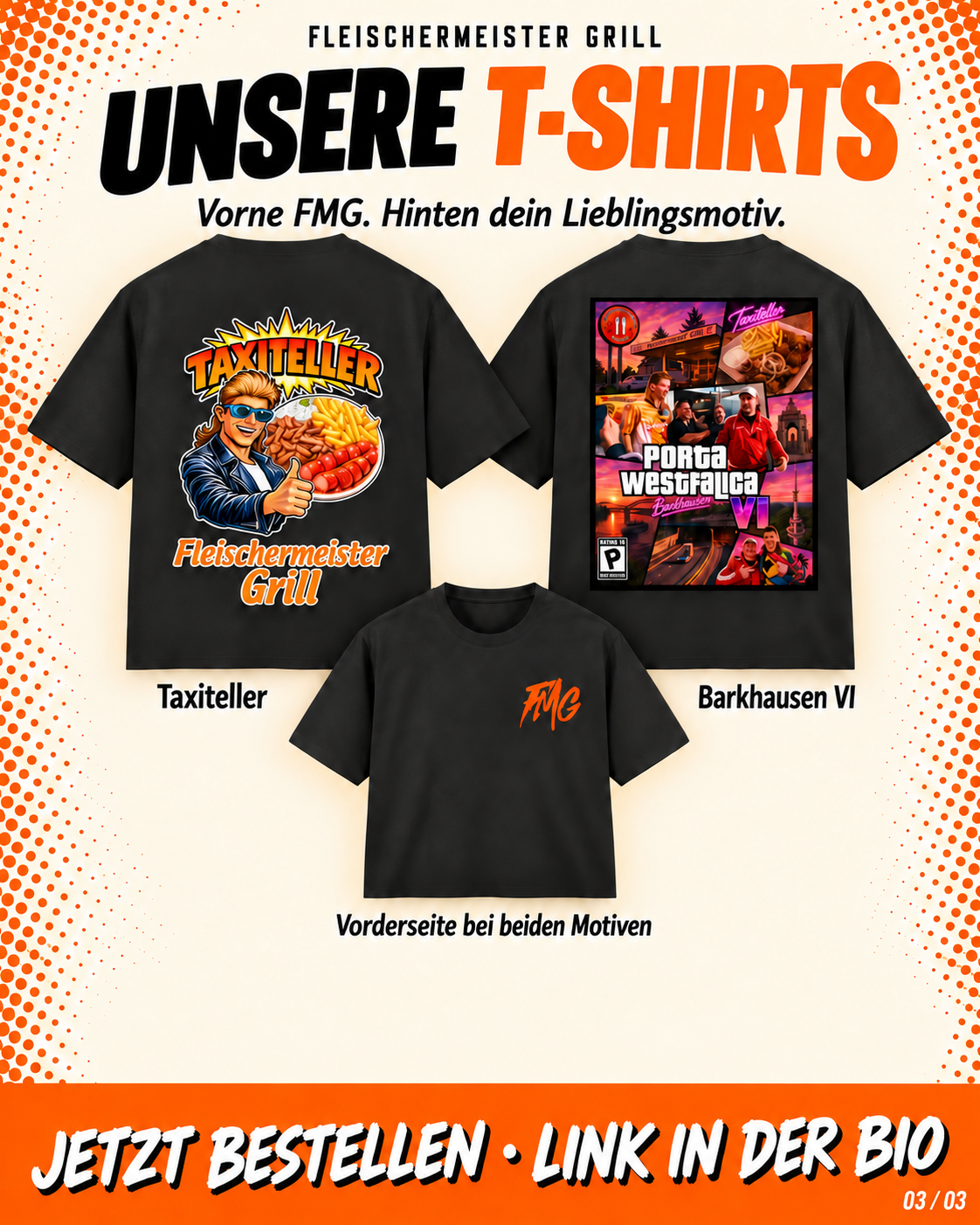 Schwarzes T-Shirt mit großem Taxiteller-Motiv auf der Rückseite